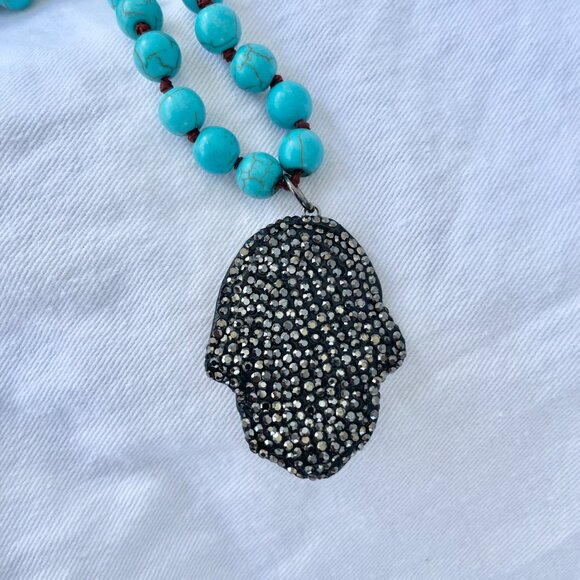 Turquoise Beaded Necklace With Hamsa, Evil-Eye Charm - Picture 3 of 4